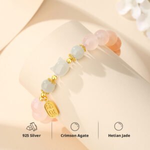 Crimson Carnelian Cat Charm Bracelet | Oriental Symbol of Warm Blessings & Gentle Fortune